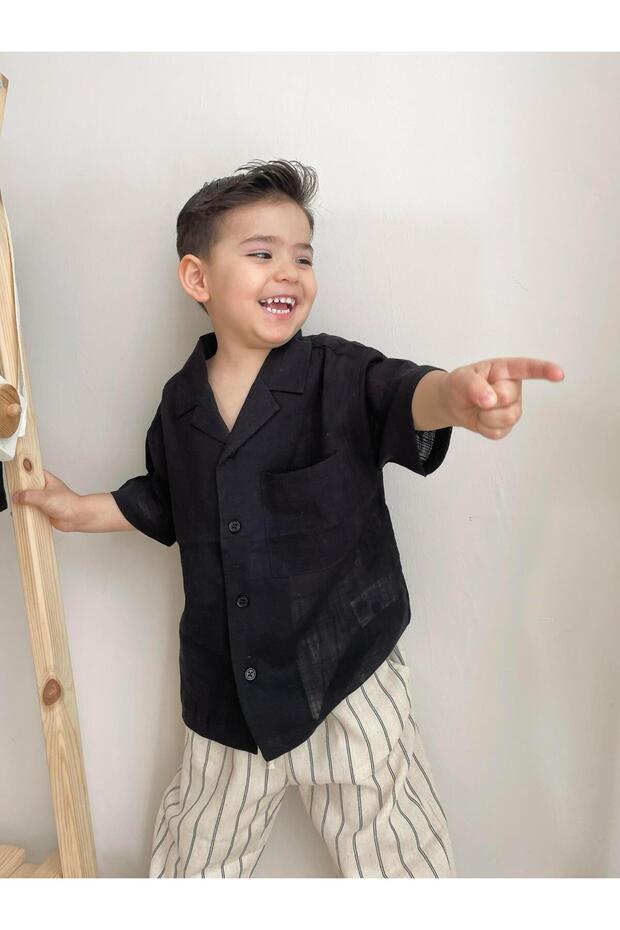 Black Linen Short Sleeve Boy's Shirt