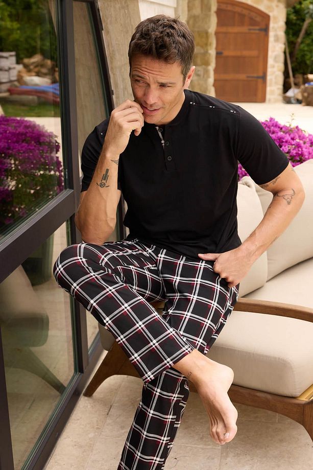 Siyah Ekose Line Edge Detaylı Kısa Kollu Erkek Pijama Takımı - 4
