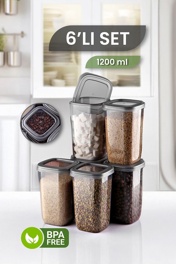 6'lı Kare Erzak Saklama Kabı Seti - Sızdırmaz Kapaklı Çok Amaçlı Bakliyat Saklama Kutusu - 1200 ml - 1