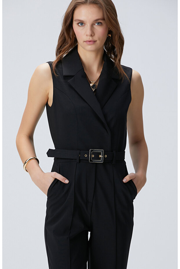 Siyah Yün Karışımlı Tulum - 1