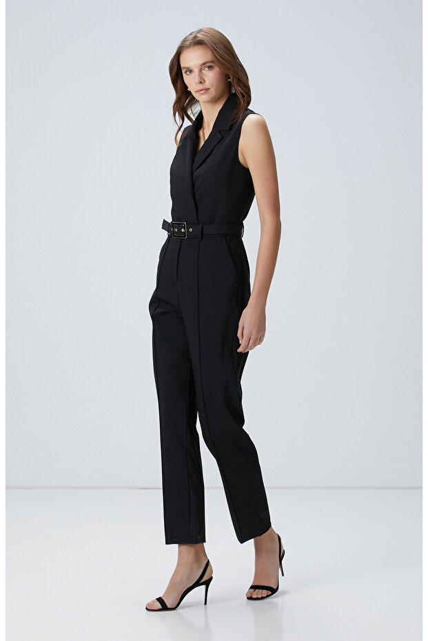 Siyah Yün Karışımlı Tulum - 2