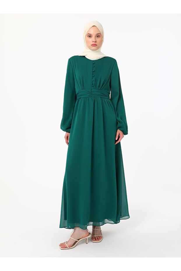 Emerald Green Waist Ruched Detail Half-Pocket Chiffon Hijab Dress-