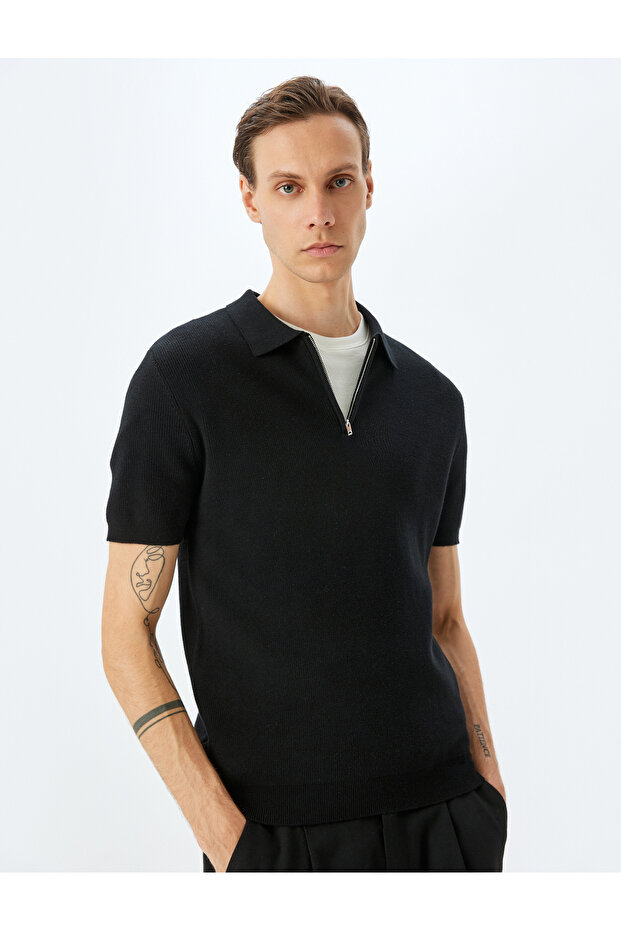 Half Zipper Cotton Blend Short Sleeve Knitwear T-Shirt