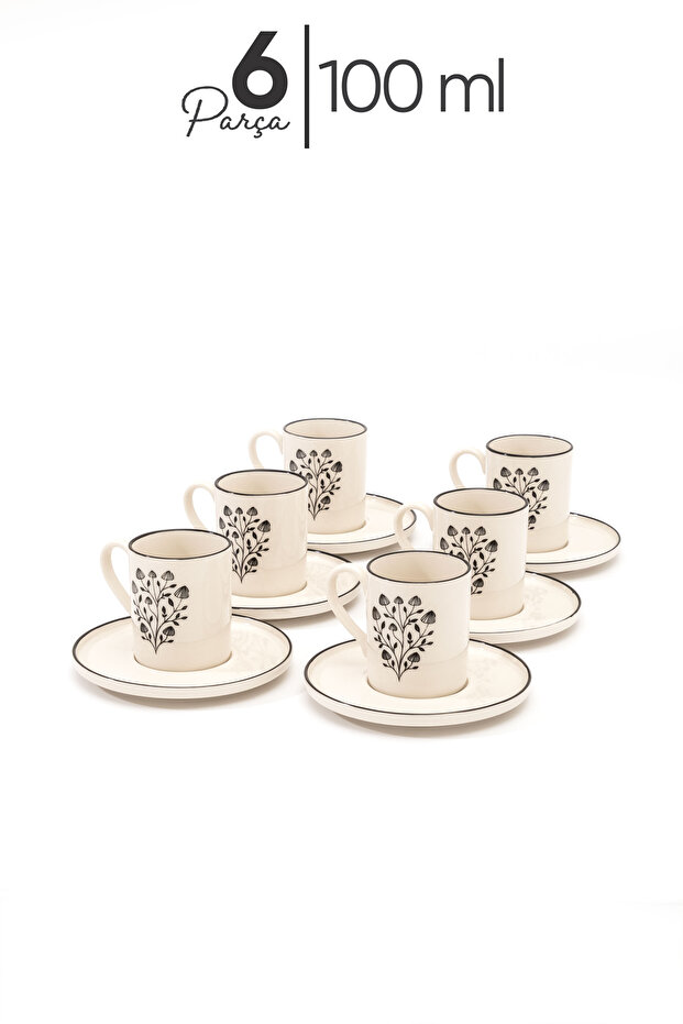 6 Kişilik 12 Parça Mantar Yaprağı Model Siyah Kahve Fincan Seti – Modern ve Doğal Tasarım - 3