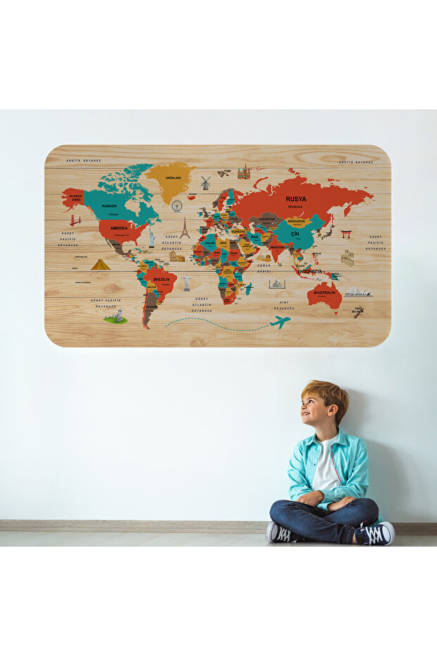 Wooden Look Turkish Educational Detailed Atlas Decorative World Map Wall Sticker-3867
