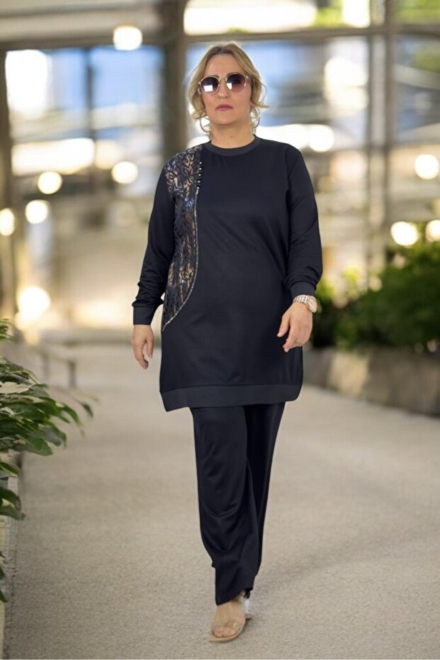 Leopard Printed Stone Detail Full Lycra Crystal 2 Yarn Fabric Plus Size Tunic Pants Two-Piece Set