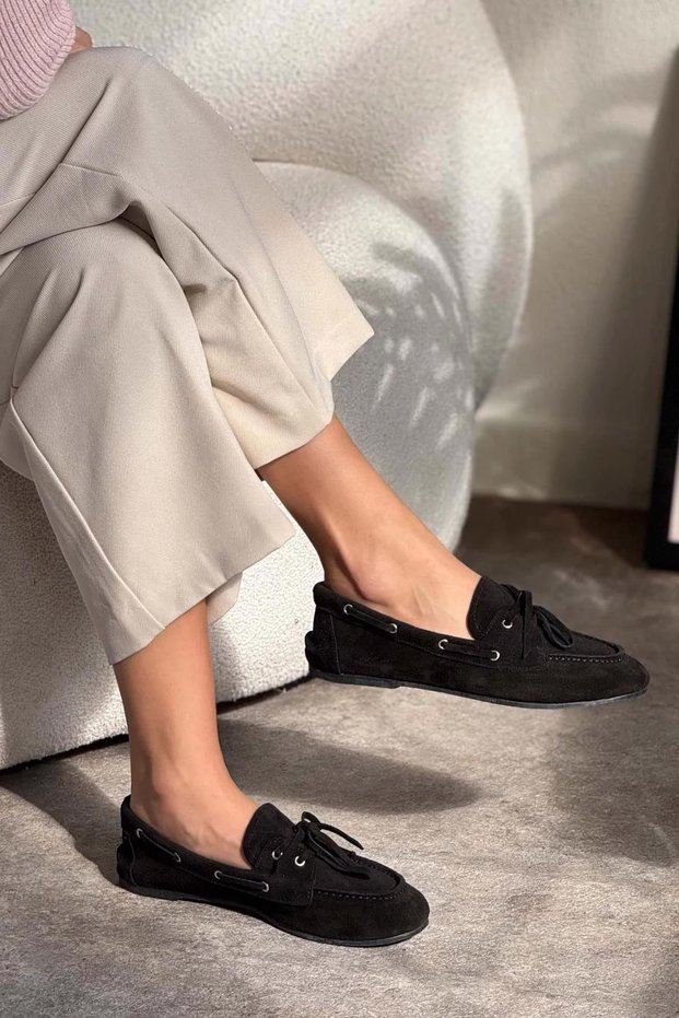 Celina Front Lace Detail Genuine Leather Suede Women's Black Shoes