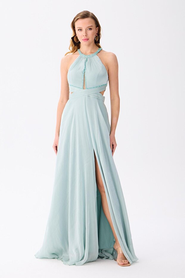 Çağla Turtleneck Chiffon Evening Dress