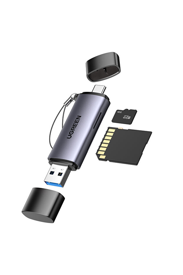 قارئ بطاقات TF/SD 3.0 بمنفذي USB-C وUSB-A، لون رمادي