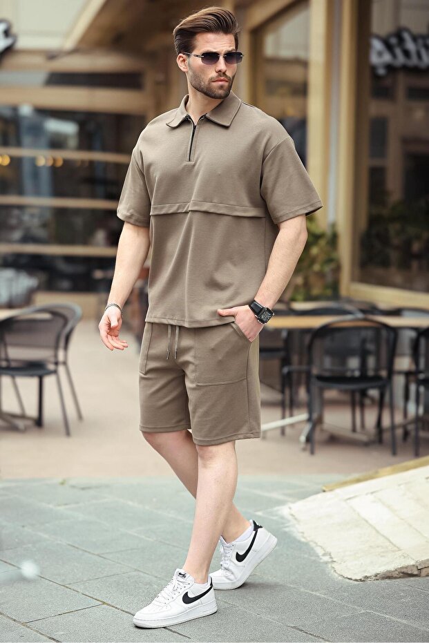 Brown Zippered Polo Neck Men's Shorts Shirt Set E7314