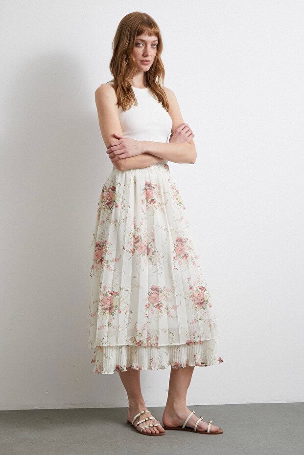 Fırfırlı Piliseli Etek Krem - 3