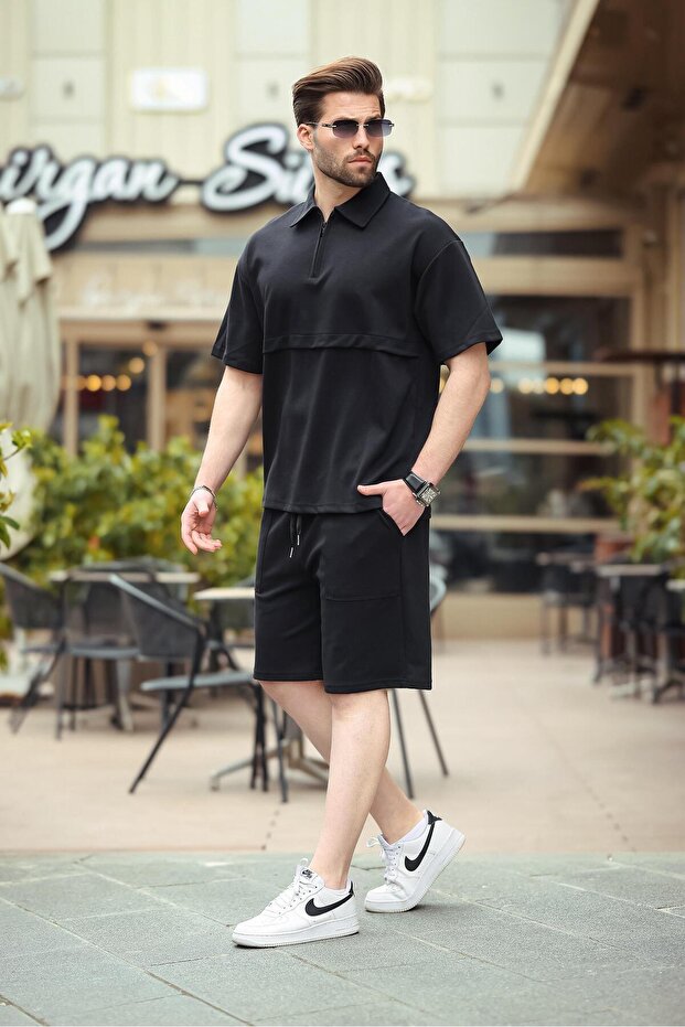 Black Zippered Polo Neck Men's Shorts Shirt Set E7314