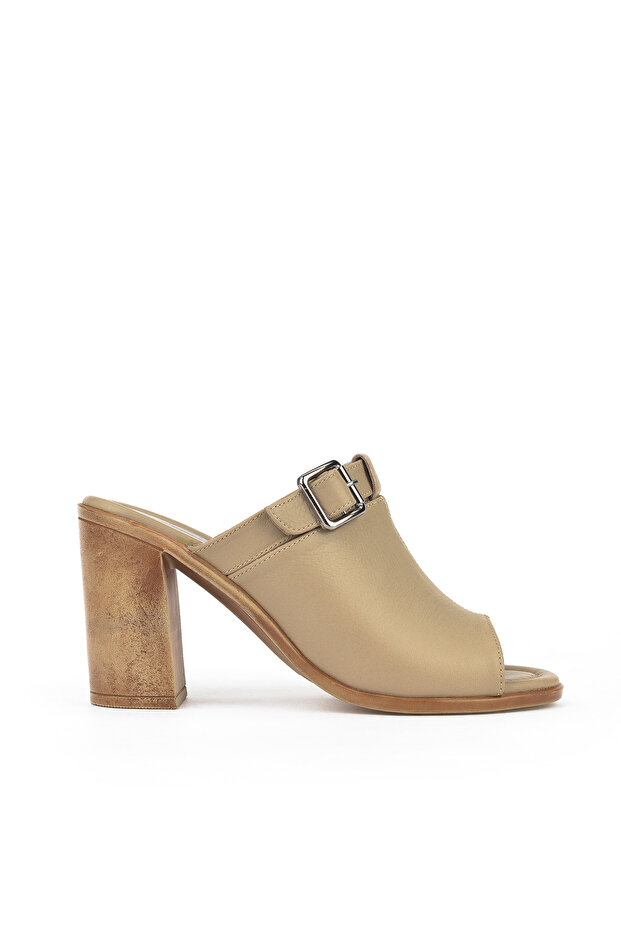 , Women's Genuine Leather Heeled Slippers 1511020Z1703 Beige