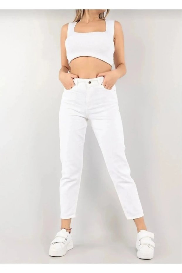 Estonya High Waist White Mom Boyfriend Jean Women Lycra Denim Pants