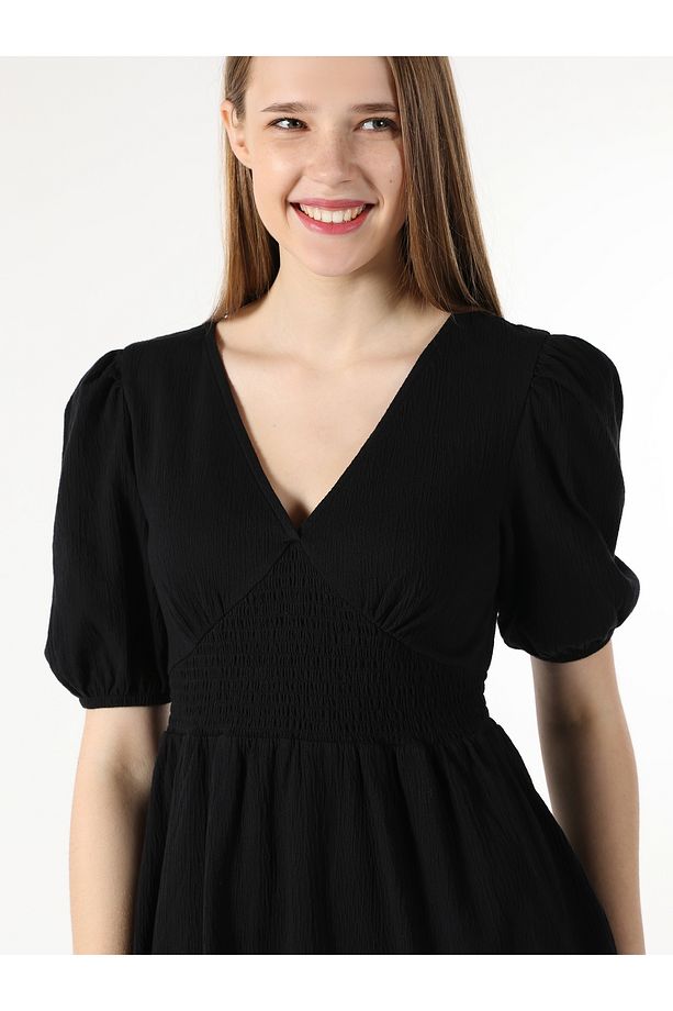 Regular Fit V Yaka Basic Siyah Kadın Elbise - 6