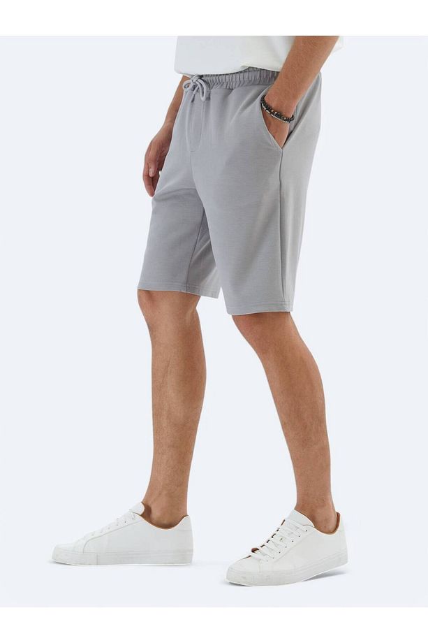 Gri Düz Örme Jogging Fit Spor Bermuda - 3