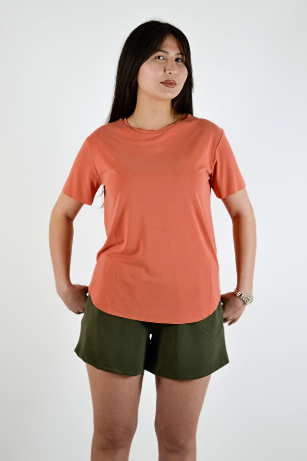 Sıfır Yaka Yan Yırtmaçlı Modal Basic T-Shirt - 3