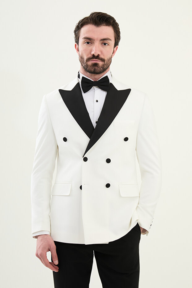Straight Slim Fit Wide Collar Double Breasted Men's Grooming Suit White - 45376.25Y