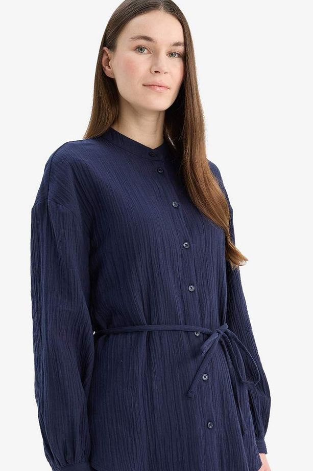 Relax Fit Basic Düz Bağcıklı Müslin Uzun Kollu Tesettür Gömlek Tunik E1107ax25sp - 1