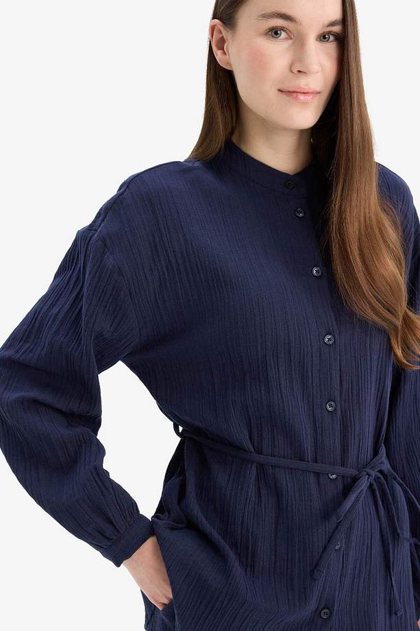 Relax Fit Basic Düz Bağcıklı Müslin Uzun Kollu Tesettür Gömlek Tunik E1107ax25sp - 4