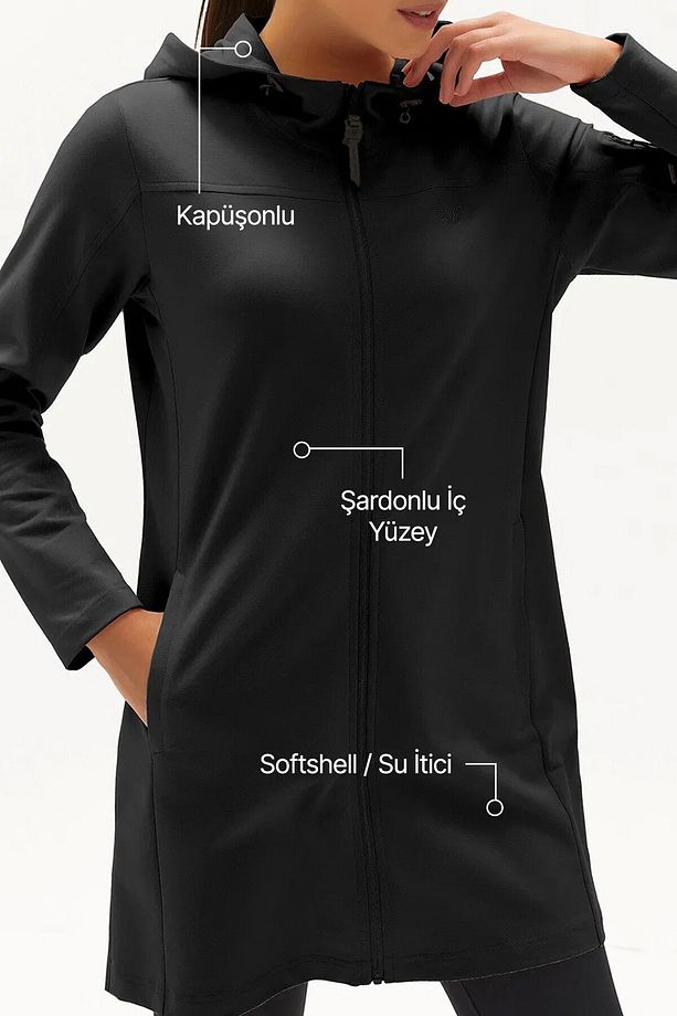 Kadın Siyah Softshell Kışlık Içi Polarlı Kapüşonlu Uzun Eşofman Üstü 0457 - 3