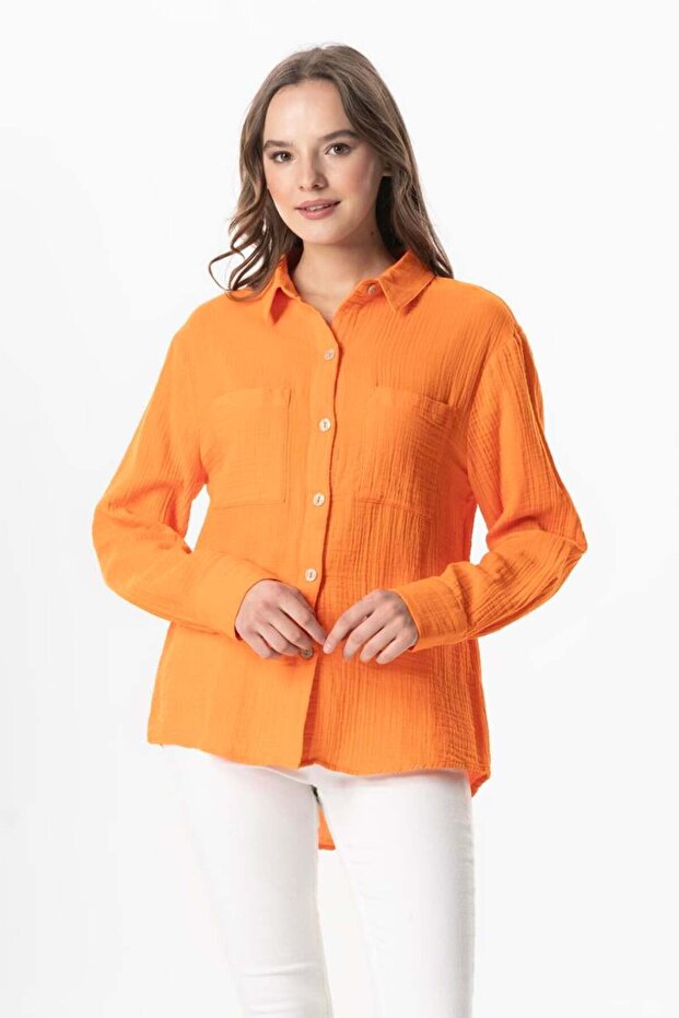 Long Sleeve Pocket Detailed Muslin Summer Shirt Orange Trnc