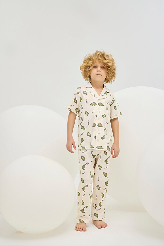 Boy's Pajamas 100% Cotton, Dinosaur Pattern, Front Buttoned - 3