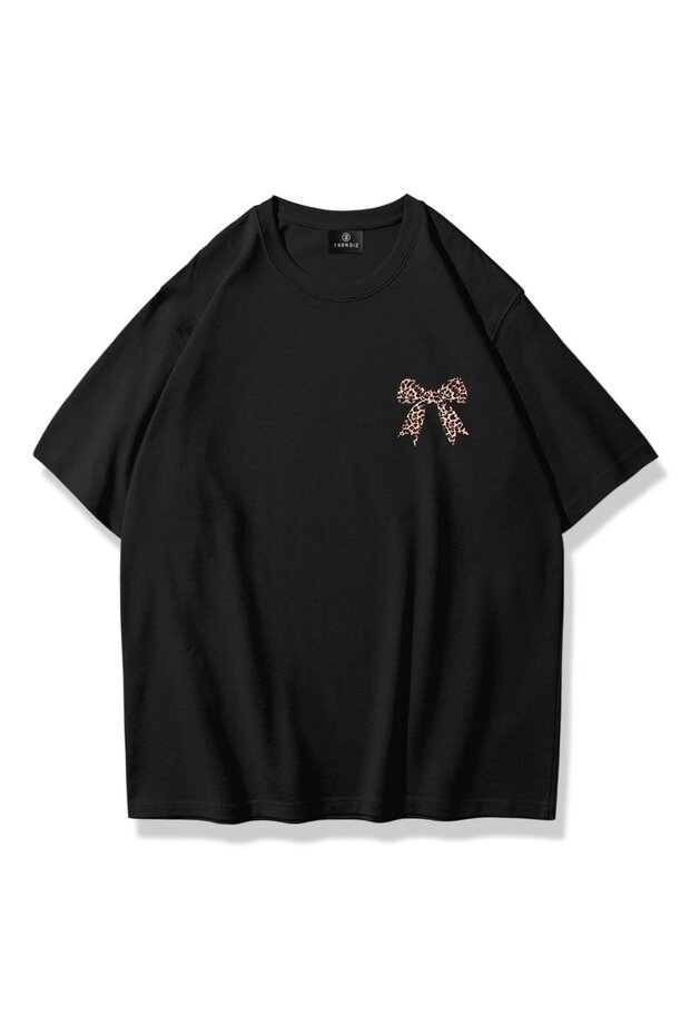 Woman leopard ribbon chest t-shirt black