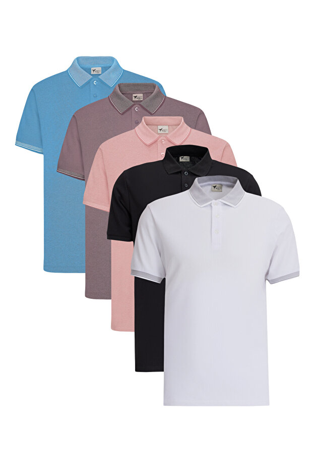 Men's 5-Pack Non-Shrink Cotton Fabric Wrinkle-Free Collar Slim Fit Slim Cut Polo Collar T-Shirt
