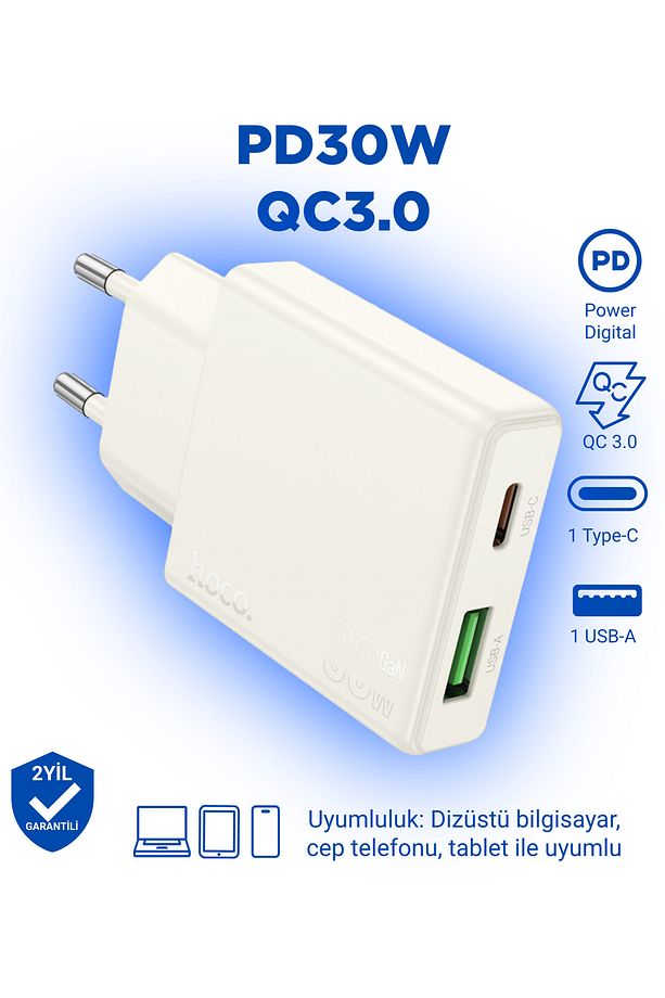 N45 PD30W + QC3.0 USB-C + USB-A Hızlı Şarj Adaptörü - 1