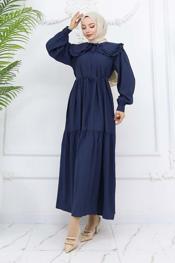 Bebe Yaka Önü Düğmeli Elbise Lacivert 2274 - 5