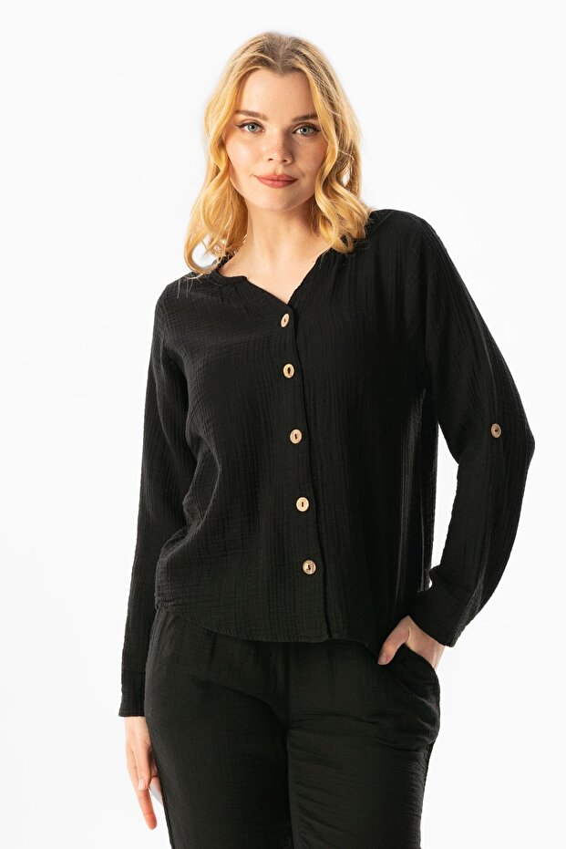 Long Sleeve Pearl Summer Muslin Shirt Black Syh