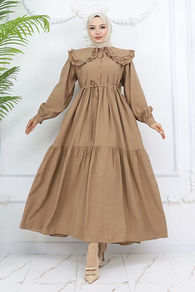 Bebe Yaka Önü Düğmeli Elbise Taba 2274 - 5