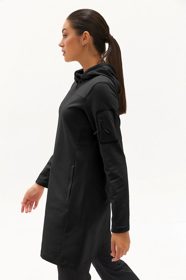 Kadın Siyah Softshell Kışlık Içi Polarlı Kapüşonlu Uzun Eşofman Üstü 0457 - 4