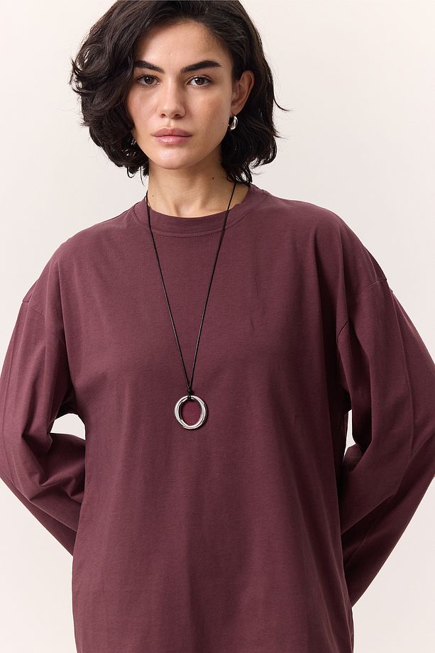 GENİŞ KOL OVERSIZE TSHIRT BORDO - 3