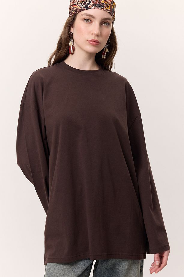 GENİŞ KOL OVERSIZE TSHIRT ACI KAHVE - 4