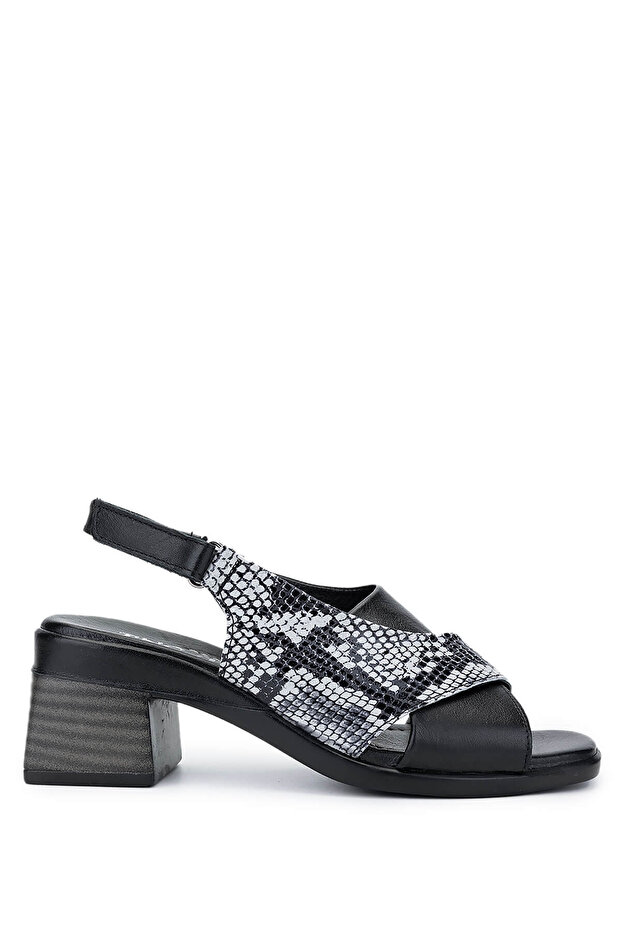 Women's Genuine Leather Black Heeled Sandals
