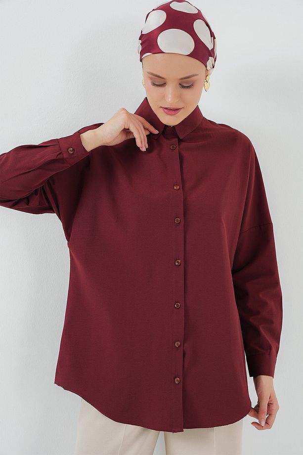 103901 Oversize Basic Tesettür Gömlek - Mürdüm - 5
