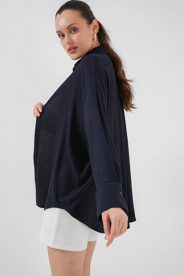 Kadın Örme Oversize Gömlek 20264 - Lacivert - 3
