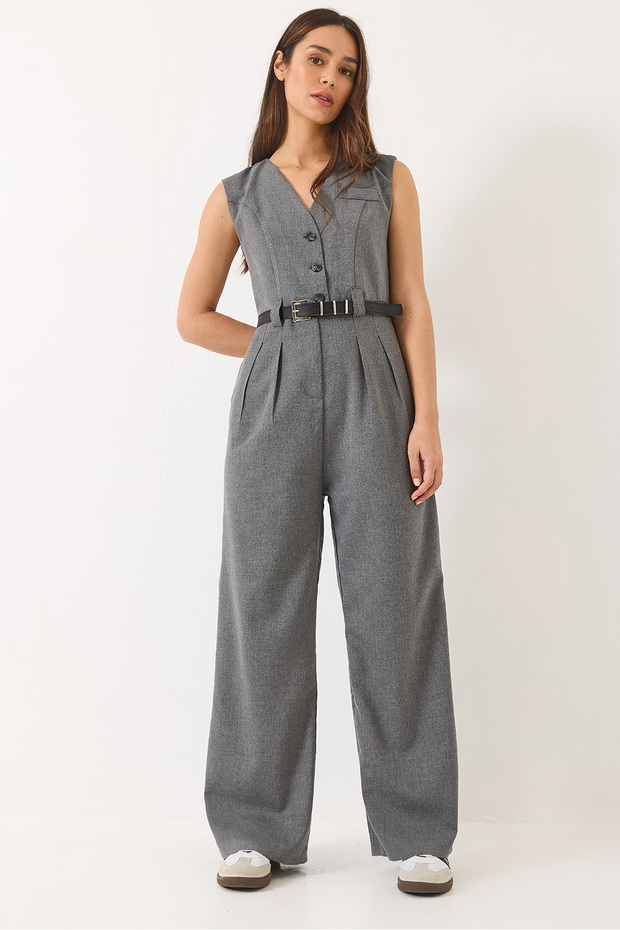 Women's Anthracite V-Neck Belted Wide Leg Jumpsuit with Pockets 90021 60283050