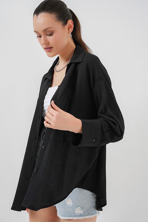 Kadın Örme Oversize Gömlek 20264 - Siyah - 4