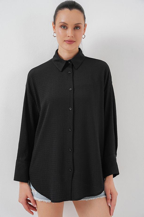 Kadın Örme Oversize Gömlek 20264 - Siyah - 6