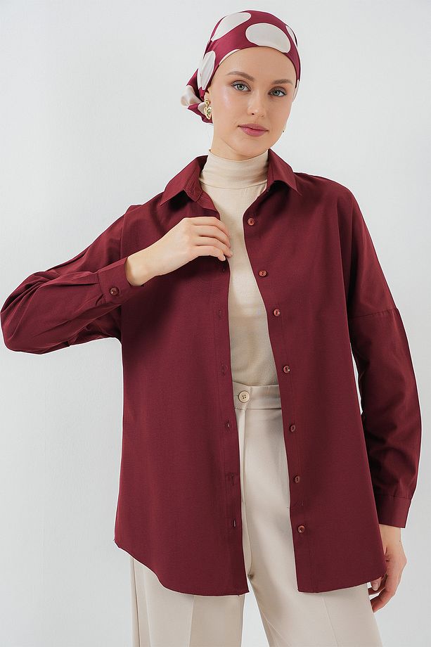 103901 Oversize Basic Tesettür Gömlek - Mürdüm - 1