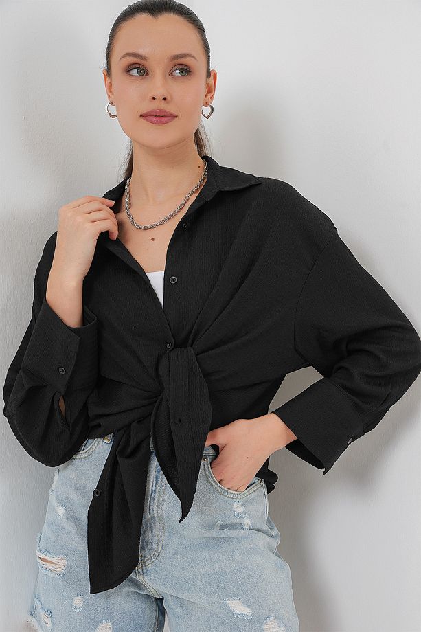 Kadın Örme Oversize Gömlek 20264 - Siyah - 5