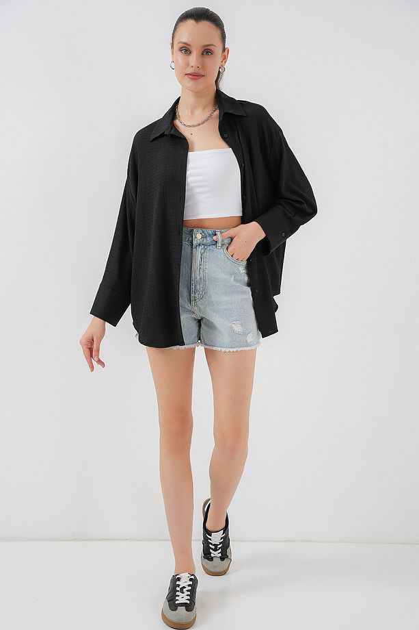 Kadın Örme Oversize Gömlek 20264 - Siyah - 3