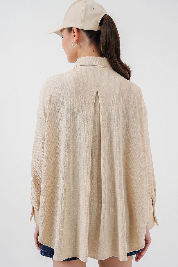 Kadın Örme Oversize Gömlek 20264 - Bej - 8