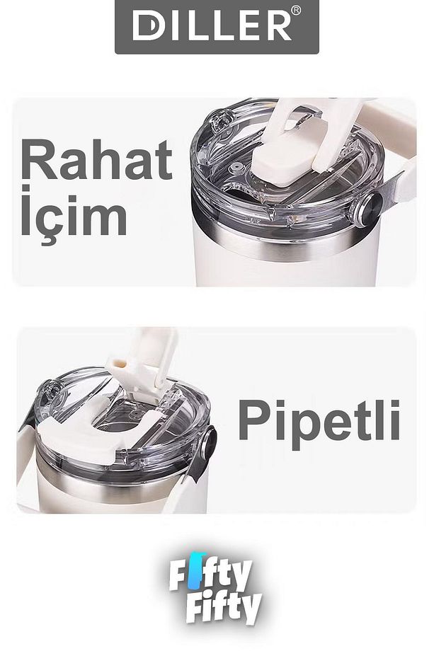 DILLER 620 ML Tek Kapak Çift Kullanım Pipetli/Pipetsiz Taşıma Kulplu Mug/Çelik Termos-FFDILLERD9168 - 3