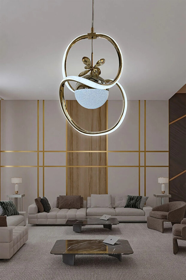Badem Tek Toplu Modern Sarkıt Led Avize - 3 Renk Kumandasız Gold - 1