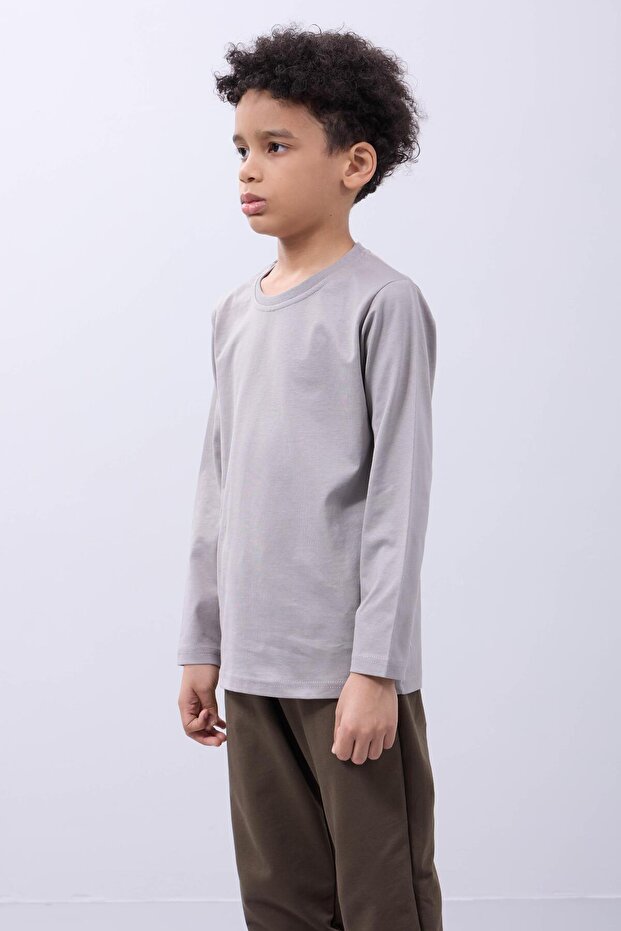 %100 Pamuklu Kız Ve Erkek Unisex Uzun Kollu Basic Tshirt Gri - 3