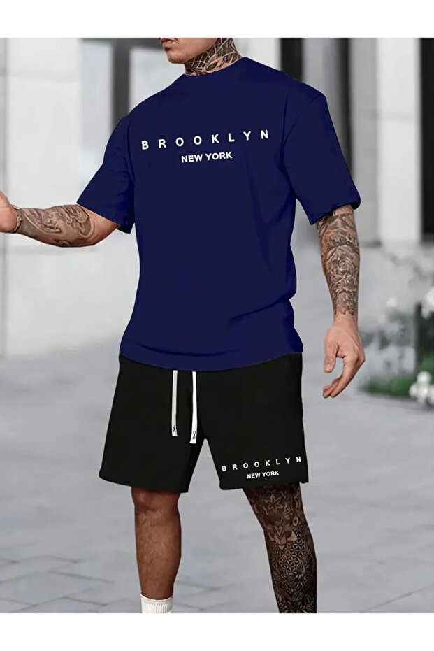 Men's Navy Blue Tshirt Brooklyn New York Printed Tshirt Black Shorts Set